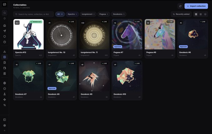 A dark-themed digital collectibles marketplace interface titled 'Collectables' with 43 items. It displays a grid of NFT-style collectibles from collections like 'Xpestra', 'tungstennct', 'Pegasus', and 'Geodesics', with various approval status badges such as 'Approved' and 'Rejected'.