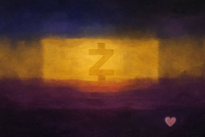 A painted artwork featuring a stylized Zcash (ZEC) logo glowing in golden yellow against a dark, atmospheric background with a small pink heart in the corner.