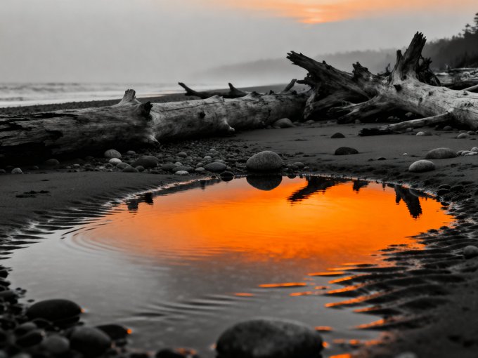 A black-and-white beach scene featuring driftwood and scattered stones, with a tide pool in the foreground reflecting a vivid orange sunset.