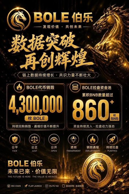 The image is a promotional graphic for BOLE (伯乐) cryptocurrency, displaying its logo alongside statistics showing 4,300,000 BOLE tokens burned and 860+ BNB accumulated in the liquidity pool, with a golden horse design emphasizing themes of fair, transparent, and deflationary tokenomics.

The caption aligns with the post by highlighting BOLE's standout feature among cooling market projects: its automatic deflationary mechanism has already burned 4.3 million tokens, permanently reducing circulating supply while sustaining on-chain value through continuous buybacks.