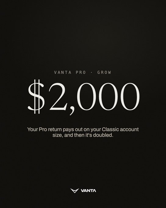 A black promotional graphic with white text advertising '$2,000' from 'VANTA PRO · GROW', stating 'Your Pro return pays out on your Classic account size, and then it's doubled.' with the VANTA logo at the bottom.