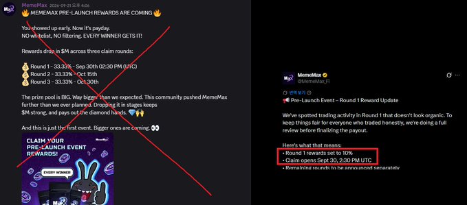 Side-by-side comparison showing an official MememAx announcement (crossed out in red) promising three reward claim rounds by Oct. 35th with $M and diamond payouts, alongside an update revealing the first round was extended to 10% and claim delayed to Sept 30, 2:30 PM UTC—contradicting the original "no filtering, every winner gets it" promise that the accompanying post criticizes as misleading.