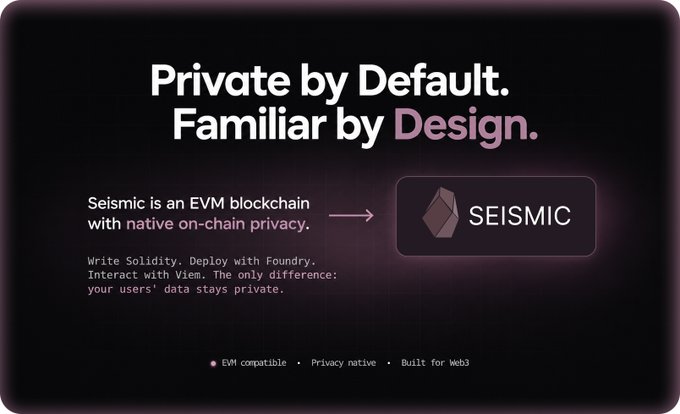 A promotional graphic for Seismic with the text 'Private by Default. Familiar by Design.' and the tagline 'Seismic is an EVM blockchain with native on-chain privacy.'