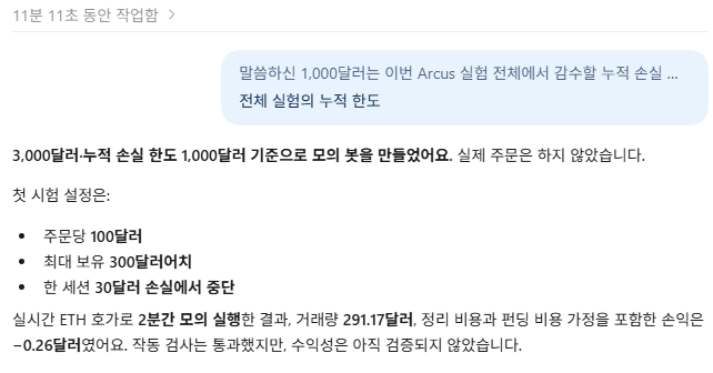 A Korean-language text exchange dated November 11 at 2:00 PM discussing how 3,000 coins were minted in 100-coin increments during an Arcus testnet experiment, with the ETH price dropping to 2 digits (around 291.17 won).