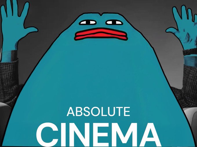 A blue cartoon blob character with a red mouth has its hands raised, with the text "ABSOLUTE CINEMA" displayed below.