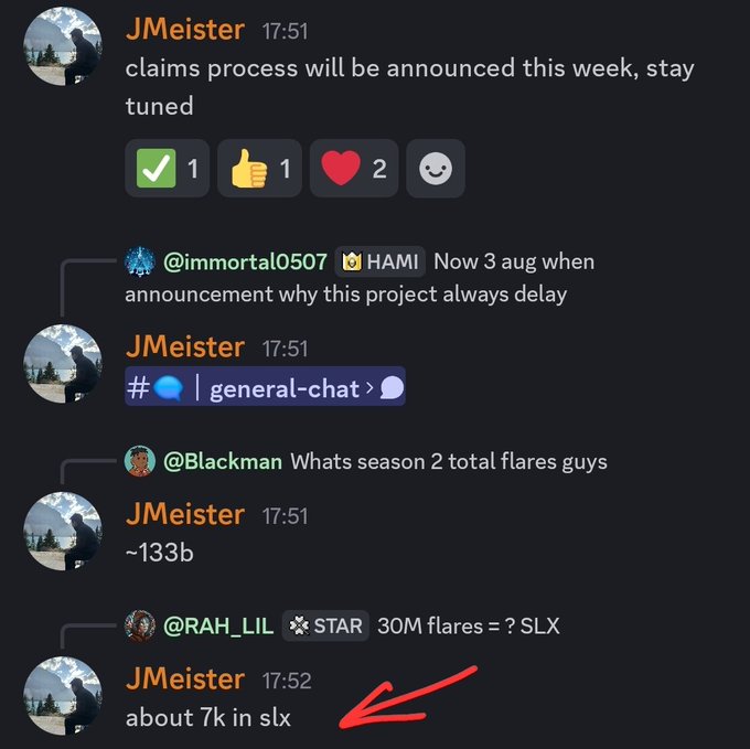 A Discord conversation shows JMeister confirming that the claims process will be announced this week, with Season 2 totaling ~133b Flares and approximately 7k SLX for 30M Flares (highlighted with a red arrow), supporting the post's estimate of $22/million Flares.
