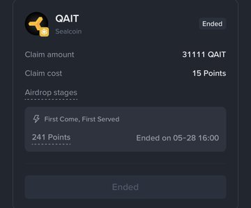 The image shows a screenshot of a mobile app with information about a Sealcoin account, including the claim amount, claim status, and airdrop costs for a recent transaction. The app also provides an explanation of what has happened in the transaction, suggesting that someone has claimed their reward or paid for a successful airdrop.