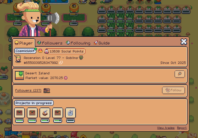 A pixelated player profile for "CosmicWolf" displays 13,638 Social Points, a "Desert Island" asset with a market value of 2070.25 FLOWER, 237 followers, and five in-progress projects. The interface visualizes the user's "0xSunflowerLand" game stats, aligning with the post's mention of pushing their in-game farm value to 2070 $FLOWER.