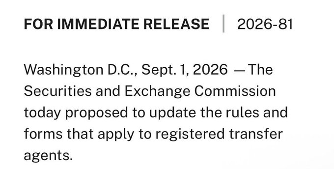 A press release header reading 'FOR IMMEDIATE RELEASE | 2026-81' with text stating 'Washington D.C., Sept. 1, 2026 – The Securities and Exchange Commission today proposed to update the rules and forms that apply to registered transfer agents.'