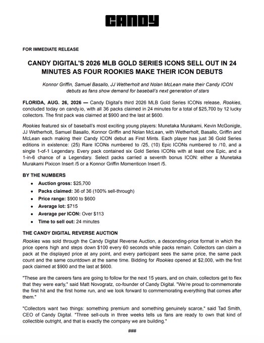 This image is a press release from Candy Digital announcing that their 2026 MLB Gold Series ICONS release sold out 24 minutes, with all 36 packs claimed at auction for $25,700 by 12 lucky collectors, featuring Icon debuts for rookies Munetaka Murakami, Kevin McGonigle, JJ Wetherholt, Samuel Basallo, Konnor Griffin, and Nolan McLean.
