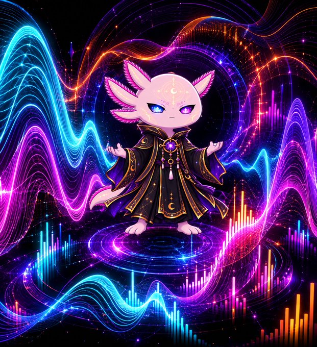 A digital artwork of an axolotl-like creature in an ornate dark robe with a purple gem, standing amid colorful soundwaves and equalizer bars against a starry background.