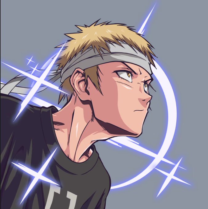 An anime-style illustration of a blonde male character wearing a white headband and dark clothing, looking determinedly to the side with glowing white star/sparkle effects around him.