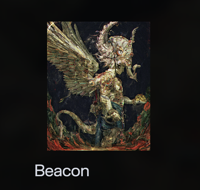 A winged, dragon-like creature stands amidst flames in a dark fantasy artwork, with the word "Beacon" appearing below the image, fitting the post about minting the NFT artwork "Beacon" by ArchanNair.