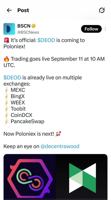A BSCN Twitter/X post announcing that $DEOD token is coming to Poloniex exchange, listing existing exchanges including MEXC, BingX, WEEX, Toobit, CoinDCX, and PancakeSwap.