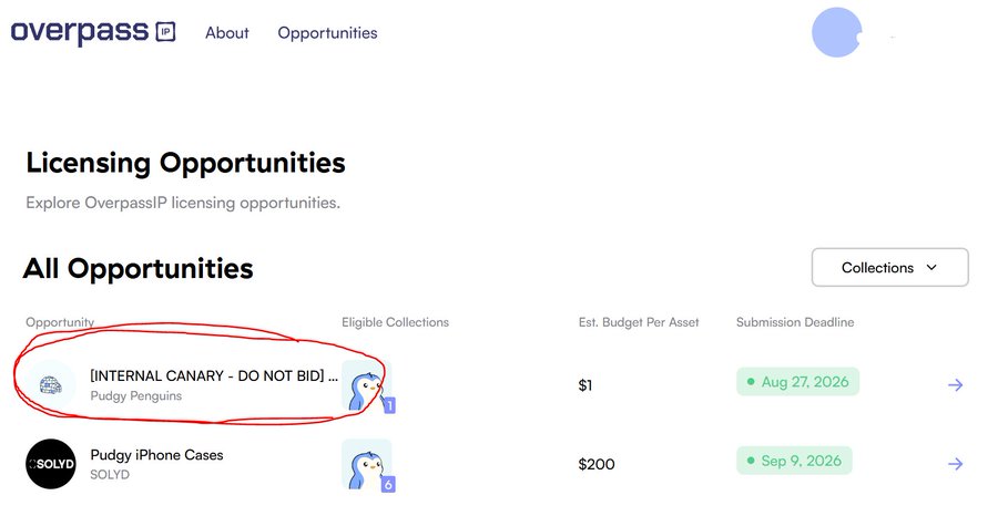The image shows the OverpassIP "Licensing Opportunities" page with a circled entry titled "[INTERNAL CANARY - DO NOT BID]" for Pudgy Penguins with a $1 budget and an Aug 27, 2026 submission deadline, alongside a separate Pudgy iPhone Cases opportunity from SOLYD. This appears to support the post's claim of a possible Canary ETF leak related to $PENGU and Pudgy Penguins, given the suspicious internal "do not bid" listing tagged to the collection.