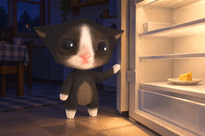 A stylized 3D rendered image of a cute black and white cat standing in a kitchen next to an open refrigerator containing a plate with cheese.