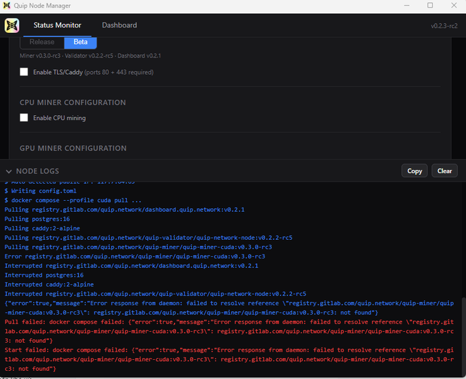 A Quip Node Manager software interface displays version v0.2.3-rc2 with miner configuration options and node logs showing failed Docker compose attempts to resolve registry.gitlab.com references.