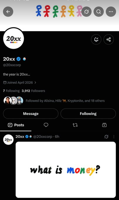 A Twitter/X profile screenshot for '20xx' (@20xxcorp) showing 3,912 followers and a post reading 'what is money?' with colorful text.