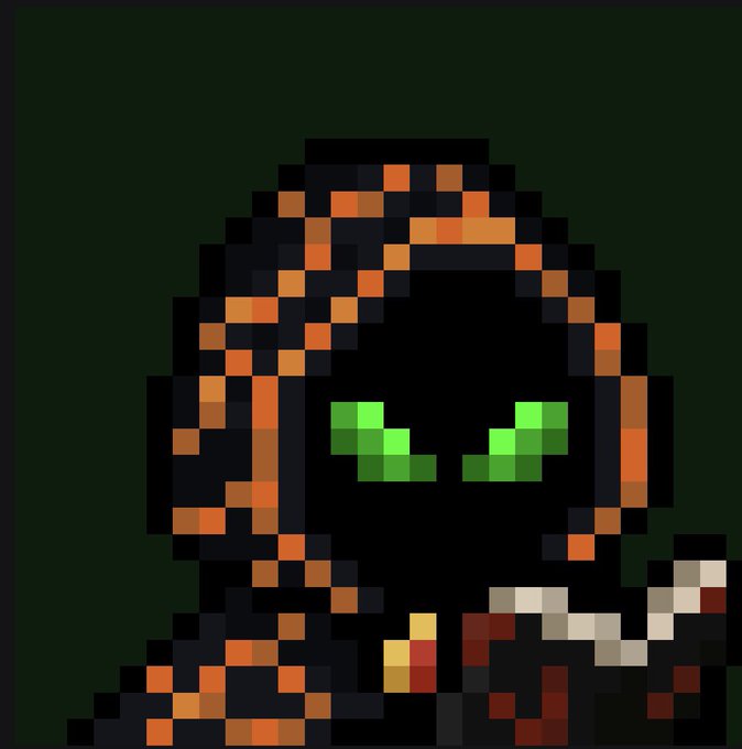 Pixel art portrait of a hooded figure with glowing green eyes and orange accents on a dark background.