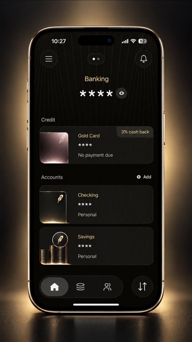 A dark-themed mobile banking app interface displayed on a smartphone, showing a 'Gold Card' with '3% cash back', plus 'Checking' and 'Savings' account options.