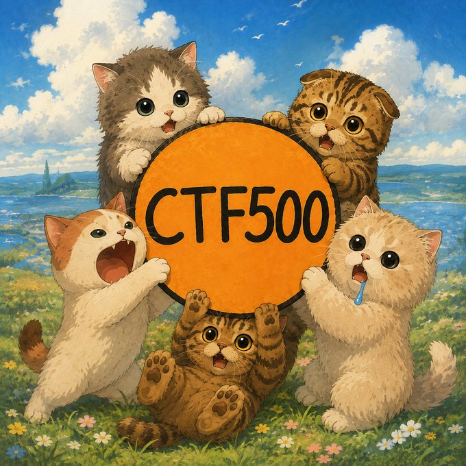 An illustrated image of five cartoon kittens holding a large orange disc with the text "CTF500" in a grassy field under a blue sky.