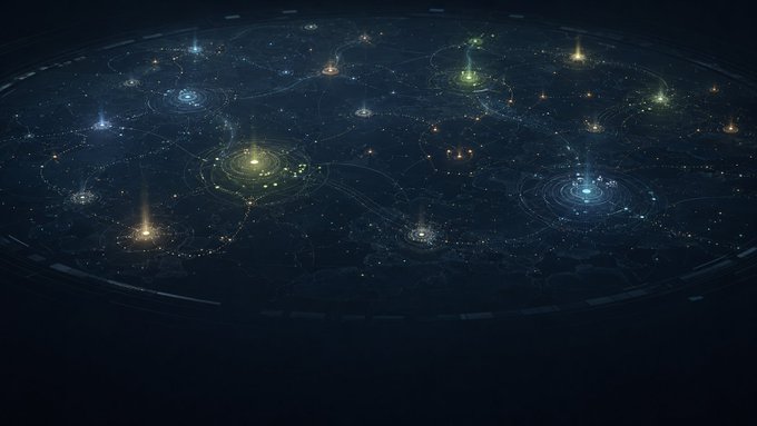 A dark, futuristic digital landscape features interconnected nodes of light in blue, yellow, and orange connected by faint lines, resembling a global network or cosmic map.