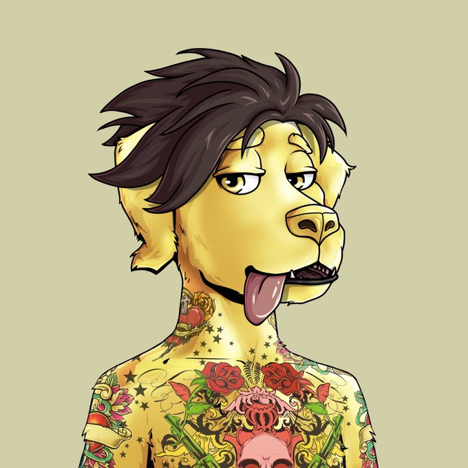 This image displays a stylized, anthropomorphic dog-like character with yellow skin and dark, spiky hair, sticking its tongue out with a bored expression. Its human-like torso and neck are covered in colorful tattoos featuring red roses, a skull, green guns, and stars.