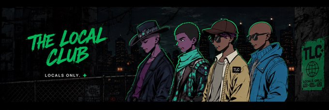 The image is a promotional banner for "The Local Club" featuring four stylized, cartoon-style characters in urban streetwear, set against a dark city skyline backdrop. The text "THE LOCAL CLUB" and "LOCALS ONLY." appears on the left, with a green "TLC" logo on the right that reads "LOCALS ONLY • KEEP REAL" — visually reinforcing the project's identity-focused branding tied to the 2,650 unique Locals mentioned in the post.