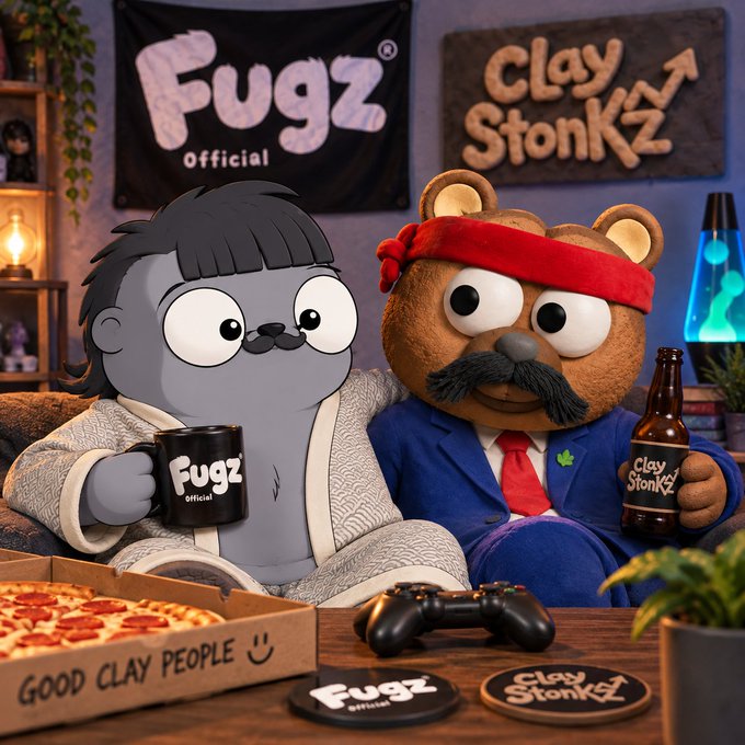 A stylized 3D-rendered scene features two claymation-style characters: a gray fuzzy creature holding a 'Fugz Official' mug and a brown bear in a blue suit with a red headband holding a 'Clay StonKZ' beer bottle, surrounded by 'Fugz' and 'Clay StonKZ' branded merchandise including a 'Good Clay People' pizza box.