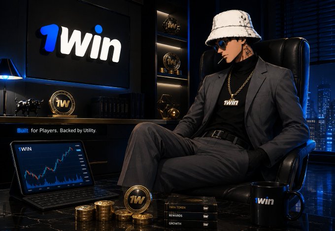 Promotional image for '1Win' token with the tagline 'Built for Players. Backed by Utility,' showing a stylized figure in a suit, bucket hat, and sunglasses sitting in a chair beside a laptop displaying a chart, with 1Win token coins and gold bars.