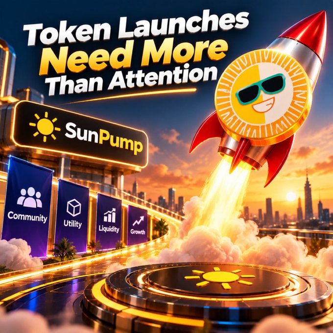 A vibrant promotional graphic stating 'Token Launches Need More Attention' featuring the SunPump logo and a cartoon coin character wearing sunglasses riding a rocket.