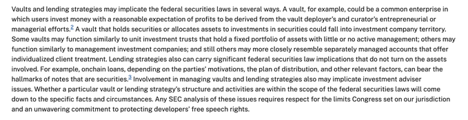 A screenshot of a text excerpt discussing how vaults and lending strategies may implicate federal securities laws, explaining that whether crypto vaults and onchain lending strategies fall under securities laws depends on their specific structure and activities.