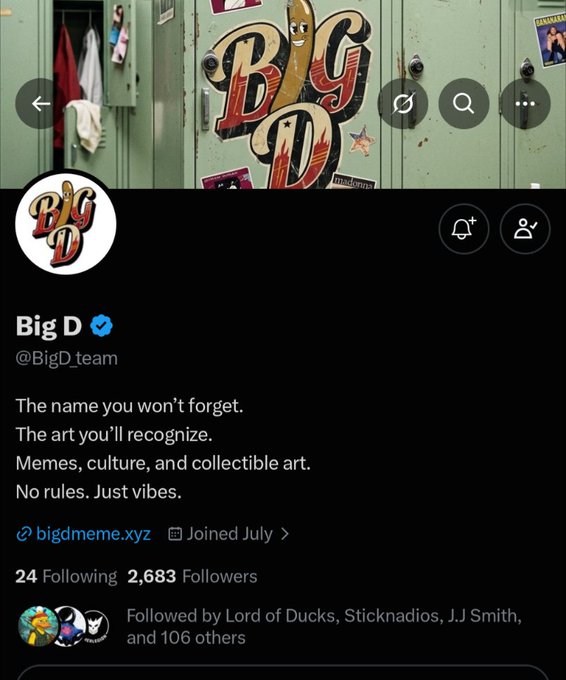 Screenshot of a Twitter/X profile for "Big D" (@BigD_team), a verified account with 2,683 followers describing itself as 'The name you won't forget. The art you'll recognize. Memes, culture, and collectible art. No rules. Just vibes.'