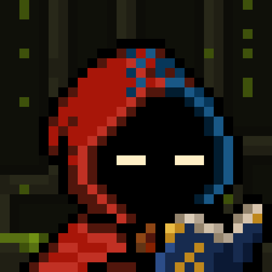 A pixel art portrait shows a hooded figure in red and blue with glowing yellow eyes against a dark, grid-like background, matching the "Hoods up!" theme of the post by depicting a character ready to begin the day with anonymity.