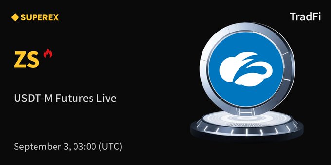 A SuperEx promotional graphic announcing that ZS (Zscaler) USDT-M Futures are now live for trading on the TradFi platform, scheduled for September 3 at 03:00 UTC, featuring the SuperEx logo alongside Zscaler's "ZS" ticker and a stylized 3D cloud icon representing the company's cloud cybersecurity platform.