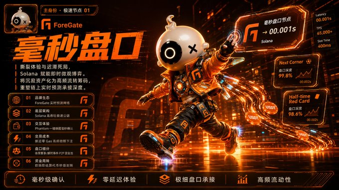 A promotional graphic for 'ForeGate' featuring a character with a USB-cable head in an orange robotic suit, advertising '毫秒盘口' (millisecond odds) on Solana, Phanton, and Base chains with zero-latency experience and high-frequency liquidity features.