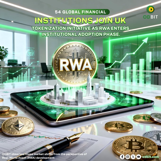 A promotional graphic by ODBIT featuring a gold "RWA" coin hovering above a smartphone displaying a miniature cityscape, surrounded by cryptocurrency coins (Bitcoin, Ethereum), financial charts, and a pen on documents. The headline reads "54 GLOBAL FINANCIAL INSTITUTIONS JOIN UK TOKENIZATION INITIATIVE AS RWA ENTERS INSTITUTIONAL ADOPTION PHASE," with the ODBIT logo and website (odbit.com) visible, visually reinforcing the post's message about institutional adoption of real-world asset tokenization.