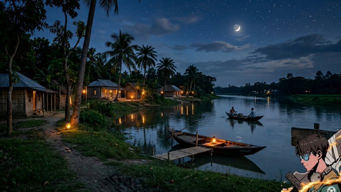 The image features a night scene with boats floating on a river near some buildings at dusk. A person can be seen standing next to one of the boats, possibly enjoying the view or preparing for their journey. The sky above has stars, creating a serene atmosphere. In the background, there are palm trees and other buildings, adding to the overall ambiance of the scene.