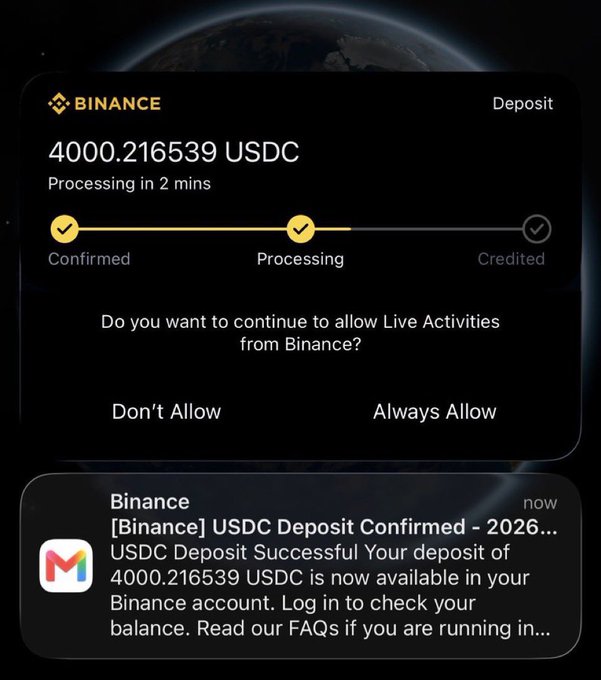 Binance deposit confirmation notification showing 4000.216539 USDC deposit successful with processing status, requesting Live Activities permission.