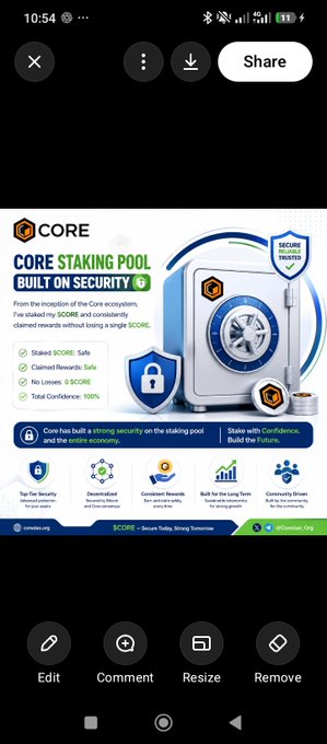 An advertisement for the CORE Staking Pool highlighting security features like staked and claimed rewards being safe, no losses, and 100% confidence, with options to edit or share the image.