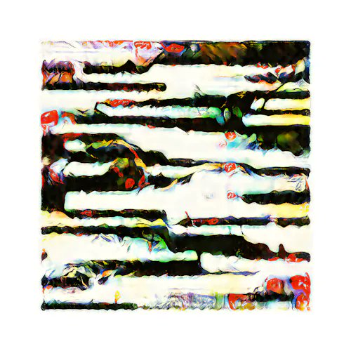An abstract digital artwork featuring horizontal black brushstroke-like forms with colorful drips and splatters on a white background.