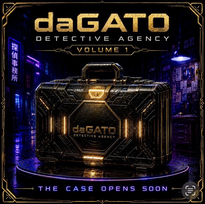 Promotional artwork for "daGATO Detective Agency: Volume 1" featuring an ornate black briefcase emblazoned with the daGATO logo, displayed on a pedestal against a neon-lit alleyway background with Japanese characters, accompanied by the tagline "THE CASE OPENS SOON" in purple neon text.