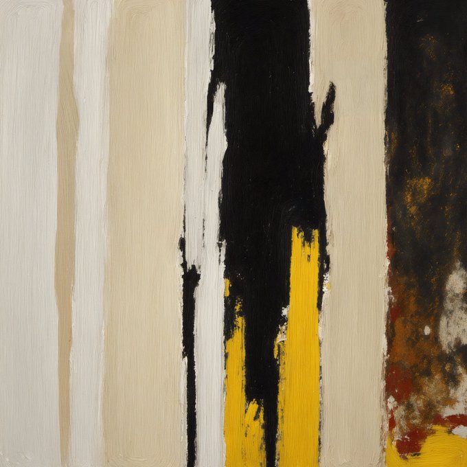 An abstract painting featuring vertical stripes of white, beige, and black with a bold yellow stripe and distressed, textured edges.