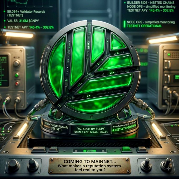 A glowing green circular node apparatus labeled "Node Ops - simplified monitoring" sits on a control panel displaying metrics like "59,094 Validator Records (TESTNET)" and "TESTNET APY: 145.4% - 302.8%," with a bottom plate reading "COMING TO MAINNET... What makes a reputation system feel real to you?" The image visually reinforces CNPY Network's mission by depicting streamlined, operational testnet infrastructure—contrasting the "heavy infrastructure" that typically kills ideas before launch.