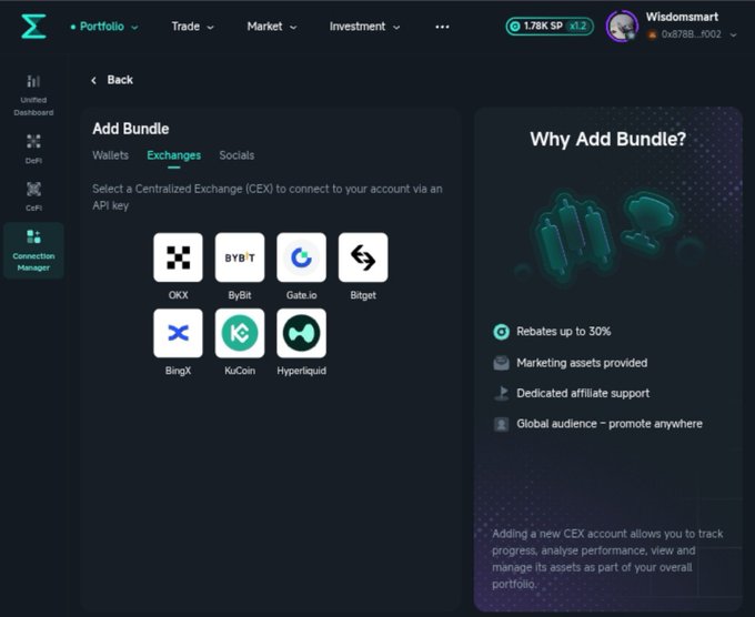A crypto platform interface showing an 'Add Bundle' page with exchange options like OKX, ByBit, Gate.io, Bitget, BingX, KuCoin, and Hyperliquid, alongside 'Why Add Bundle?' benefits.