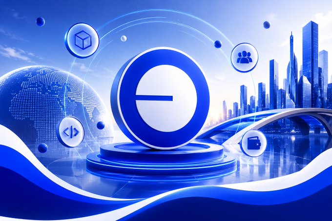 A blue-themed digital technology graphic featuring a central logo with the letter 'e', surrounded by circular icons including a cube, people/users, code brackets, and a document, set against a futuristic cityscape with a globe.
