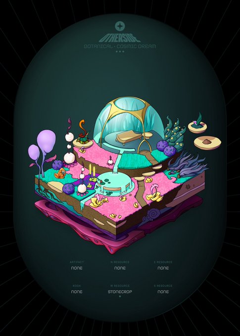 An isometric digital illustration titled 'BOTANICAL COSMIC DREAM' depicting a stylized floating landscape with a teal dome, pink terrain, colorful plants, and a small pool, displayed within a rounded screen frame on a black background with attribute labels below.