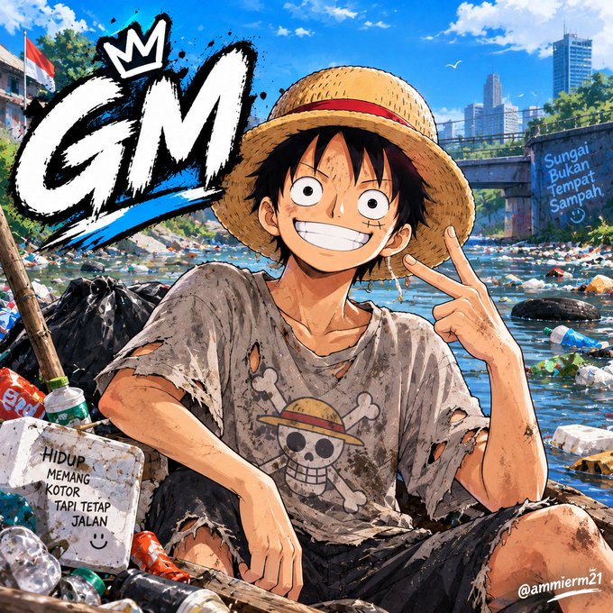 An anime-style illustration of a character resembling Luffy from One Piece sitting among trash and pollution in a polluted river, wearing a straw hat and a skull shirt, with 'GM' graffiti and text reading 'Sungai Bukan Tempat Sampah' and 'Hidup Memang Kotor Tapi Tetap Jalan.'