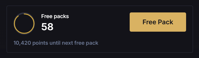 A dark-themed digital interface showing "Free packs 58" with a progress indicator and the text "10,420 points until next free pack," alongside a tan "Free Pack" button.