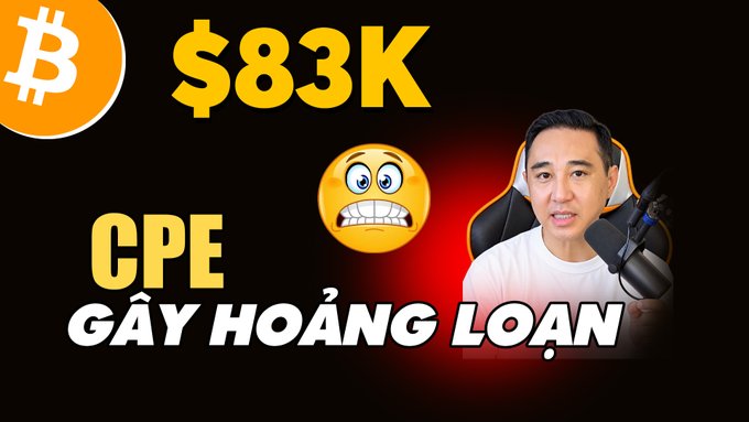 A YouTube-style thumbnail featuring a man with a microphone, Bitcoin logo, and text reading '$83K CPE GÂY HOẢNG LOẠN' with a worried emoji.